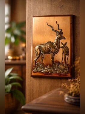 Vintage African Pure Copper Wall Art Panel • Antelope & Calf Relief • Collector